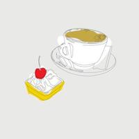 Hand drawn vector illustration of cup of coffee with piece of cake. Cherry on top. Dessert. Coffee time. Line art.