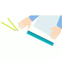 Vector illustration of hands, ruler and person drawing with pencil. Checkered paper. Office supplies. Hands. Measurements. Desktop