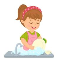 Little girl washing dish in the kitchen with water and soap vector