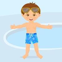 happy little boy in summer time resting near swimming pool vector