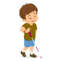 Blind boy with long cane walking on white background vector