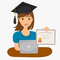 Cute girl character in graduate cap with laptop. University, college student, online courses. Online education vector