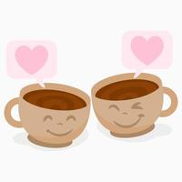Two cups of coffee with bubble text and hearts vector