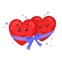 Two hearts character together and tied with a purple ribbon vector