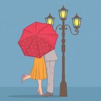 una joven pareja enamorada parada bajo un paraguas en un lluvioso día de primavera vector