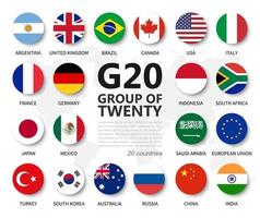 G20 . Group of Twenty countries and membership flag . International association of government econimic and financial . Flat circle element design . White isolated background . Vector