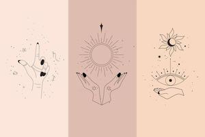 Magic diamonds and woman hands with moon crescent in boho linear style vector