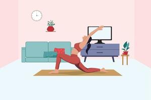 Girl does yoga online at home on TV. vector