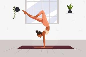 Yoga girl is doing exercises and watching online classes on laptop vector