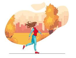 fondo de otoño. la niña corre contra el fondo del parque de otoño. vector