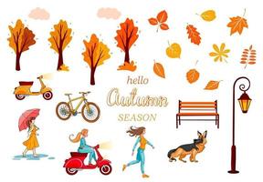 Big autumn set. Yellow leaves, trees, bench lantern, girl. vector