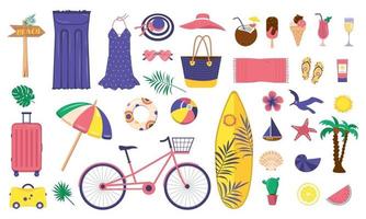 A large bright set summer items. Beach, vacation and travel icons. Clothing, ice cream, soft drinks and decorative marine elements. Cycle ride, luggage holiday and surfboard. Vector flat illustration