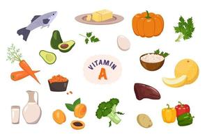 Source of vitamin A. Collection of vegetables, fruits and herbs. Diet food. Healthy lifestyle. The composition of the products. Vector illustration