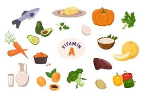 Source of vitamin A. Collection of vegetables, fruits and herbs. Diet food. Healthy lifestyle. The composition of the products. Vector illustration