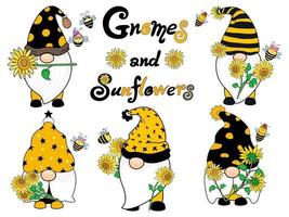 Gnomes and sunflowers are designed in black and yellow tones vector