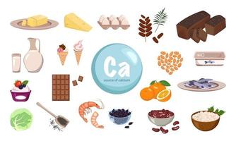 Source of calcium. A set of dairy products, nuts and dried fruits. Natural organic food high in minerals. Time for health and care. Vector flat illustration