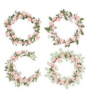 Peonies wreath set. Round frame, cute pink flowers and leaves. Festive decorations for wedding, holiday, postcard, poster and design. Vector flat illustration
