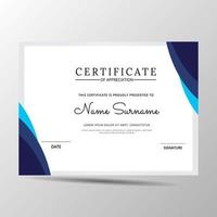 Certificate of appreciation template, blue color. Clean modern certificate with gold badge. Certificate border template with luxury and modern line pattern. Diploma vector template