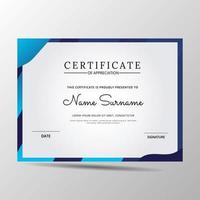 Certificate of appreciation template, blue color. Clean modern certificate with gold badge. Certificate border template with luxury and modern line pattern. Diploma vector template