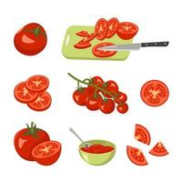 Tomato icons set. Bright red whole vegetables, halves, wedges or on a branch. Cutting board with a knife and pieces of food. Tomato paste or seasoning in a bowl with a spoon. Food for a healthy diet vector
