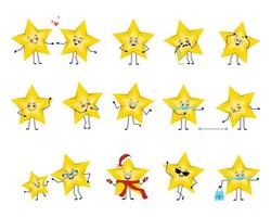 Set of cute yellow star character with different emotions, smile or sad face, happy eyes, arms and legs. Space and weather symbol with expression vector