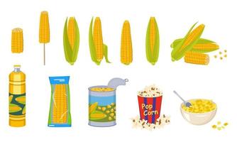 Set of corn cobs, oil, tin can, popcorn and cornflakes in a bowl. Group of yellow delicious vegetables and different products from it vector