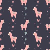 Seamless pattern with cute pink llama and hearts. For children's design, textiles, wrapping paper and packaging. vector