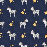 Seamless pattern with cute zebras and stars, on a dark background. For children's design, textiles, wrapping paper and packaging. vector