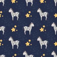 Seamless pattern with cute zebras and stars, on a dark background. For children's design, textiles, wrapping paper and packaging. vector