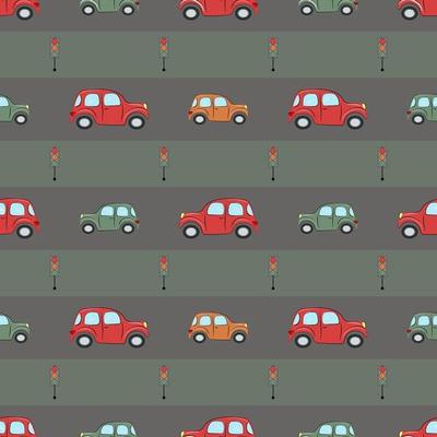 Seamless pattern with cute cars and traffic lights. For baby textiles, wrapping paper and packaging.