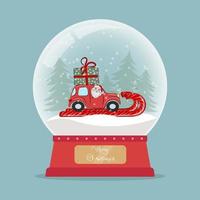 Christmas glass snow globe with Santa Claus in red car with a gift on the roof. New year glass ball. vector