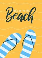 Cute summer poster or greeting card. Slippers on the sand. Vector illustration