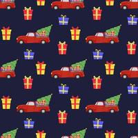 Christmas seamless pattern with red car, Christmas tree, gifts. The illustration is great for wrapping paper and packaging. vector