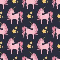 Seamless pattern with cute pink unicorns and stars, on a dark background. For baby textiles, wrapping paper. vector