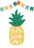 Cute summer poster or greeting card with pineapple and colourful flags. Hand drawn vector illustration.