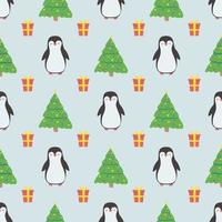 Seamless pattern with cute penguin, Christmas tree and gifts. For wrapping paper, packaging, textiles, children's design. Christmas and New Year concept. vector