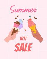 Cute summer sales flyer or poster with ice cream in hands. vector