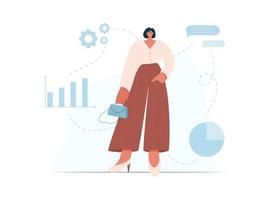 Confident business woman with purse. Concept of leadership, success at work, team leader, boss. Working process - gear, charts and speech bubble. Vector illustration.