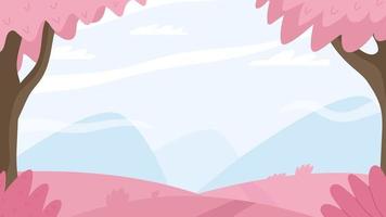 Cute spring landscape with cherry blossom and mountains. Seasonal background with space for text for web banner. vector