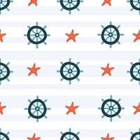 Seamless vector sea pattern. Helm or ship's wheel and starfish. Summer concept. Hand drawn elements.