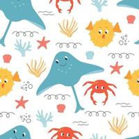 Seamless vector sea pattern. Underwater life and summer concept. Hand drawn illustration of cute smiling ray manta, puffer fish, crab, corals and starfish.
