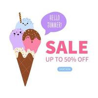 Cute cartoon ice cream. Summer sale concept. vector