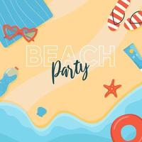 Beach party social media post or poster with beach from the top view, sunglasses, water, starfish, shell and sunscreen. vector