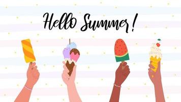Hello summer - set of cute ice cream in hands on pastel background. Vector illustration.