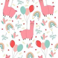 Cute llama seamless pattern. Alpaca flying on toy balloon, pastel rainbow and cactus. Childish background. Textile or wrappind paper for children. Baby shower party concept. vector