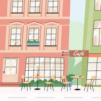 Cute hand-drawn cafe in European city. Building facade. Vector illustration.