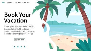 Vector landing page with summer landscape. Concept of traveling, booking hotel, vacation. Web banner with sea, beach and palm tree.