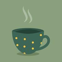 Green cup of hot tea or coffee with yellow polka dot. Cozy mug with tasty beverage. vector