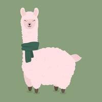 Cute llama on green background wearing a winter scarf. Decorative alpaca for children. vector