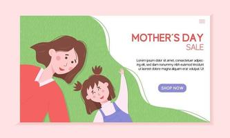 Mother's Day web banner template for shop. Woman with daughter laying on grass. Motherhood concept. vector
